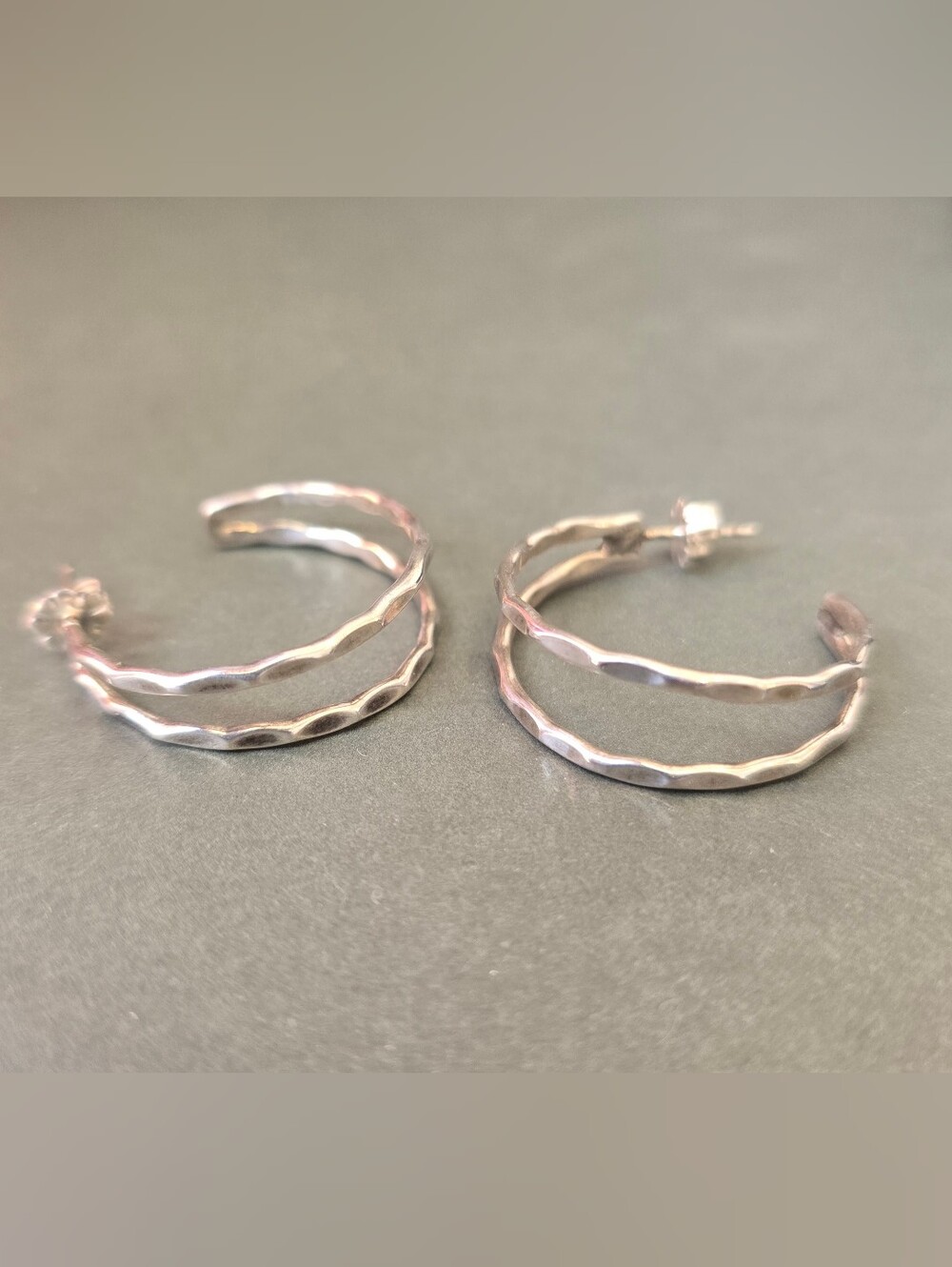 Sterling Silver Textured Double Hoop Earrings - Silver